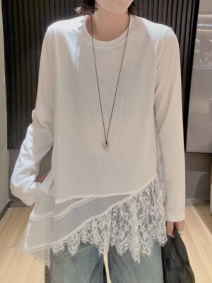 D&M韩系松弛感不规则蕾丝长袖T恤打底衫女叠穿中长款薄款2026春新