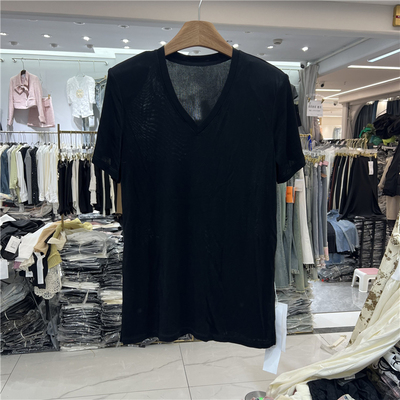 MDENG摩登夏季新品V领宽松显瘦垫肩开叉醋酸短袖T恤衫女H5698
