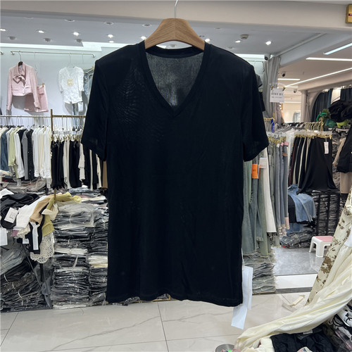 MDENG摩登夏季新品V领宽松显瘦垫肩开叉醋酸短袖T恤衫女H5698