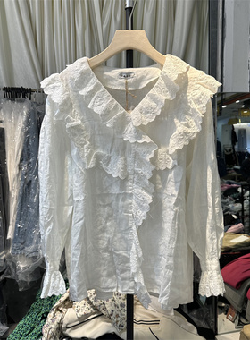 BOLATU柏拉图韩版蕾丝荷叶边衬衫女春季宽松百搭棉麻V领长袖衬衣