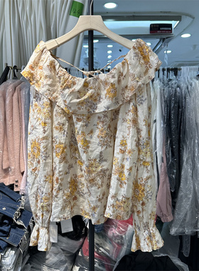 BOLATU柏拉图2025春新款韩版荷叶边一字肩黄花刺绣棉麻长袖衬衫女