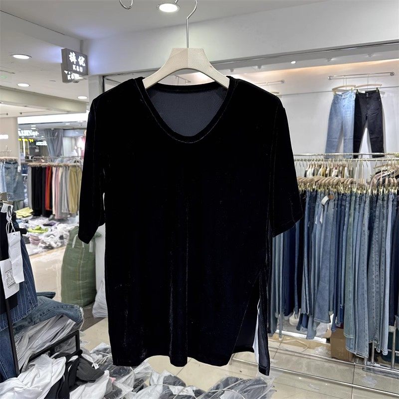 摩登MDENG金丝绒中袖开叉圆领T恤衫女春夏季垫肩打底上衣2106,女装/女士精品,T恤,淘宝优惠券,粉丝福利购,淘宝优惠卷