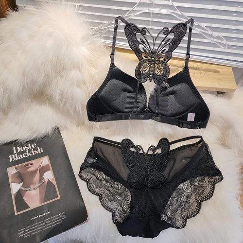 性感蝴蝶结美背内衣女小胸聚拢显大无钢圈前扣挂脖防下垂文胸套装