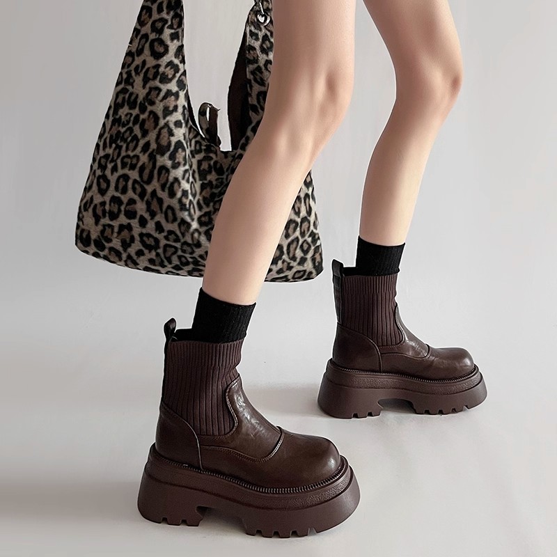 复古短靴加绒厚底马丁靴弹力靴女