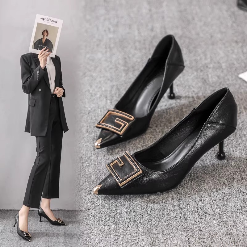 真皮不累高跟鞋女2025年夏季新款软皮不磨脚尖头细跟通勤职业单鞋