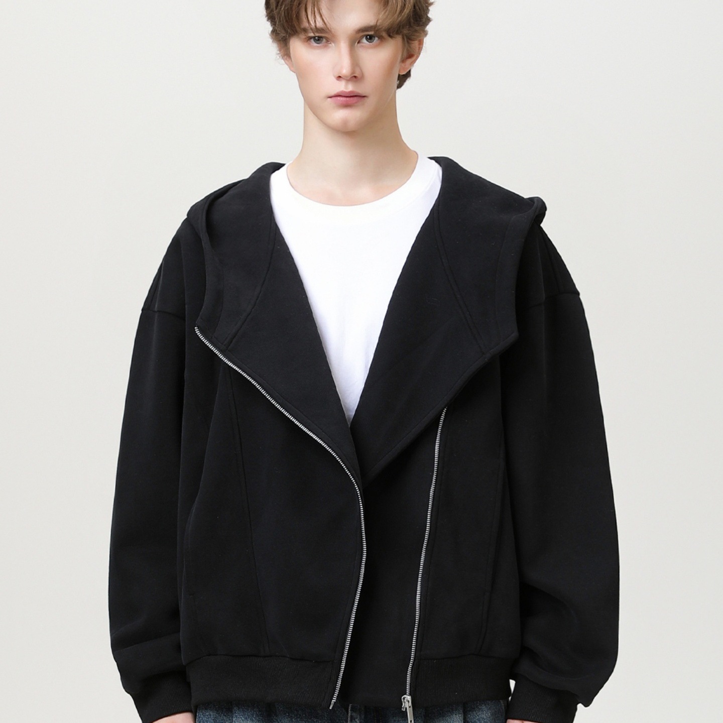 LJOSANNLAM美式复古连帽卫衣外套男女重磅设计感宽松拉链开衫黑色