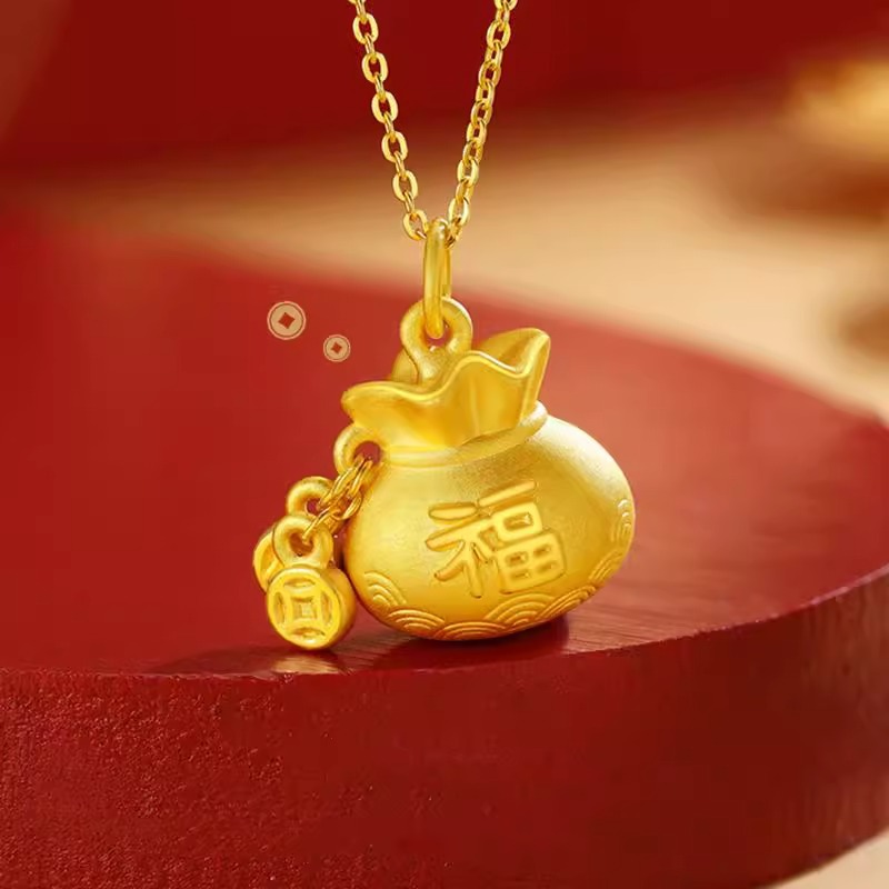 玖凤祥999足金包银黄金色福袋钱币吊坠项链女时尚百搭锁骨链女友