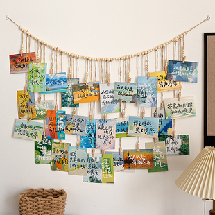 创意麻绳木珠悬挂照片展示夹客厅背景墙相片收纳夹子墙面装 饰挂件