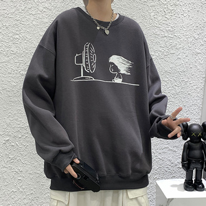 深灰宽松大码圆领印花卫衣港风大皂情侣XZ517A-1-WY603-P43控58图片