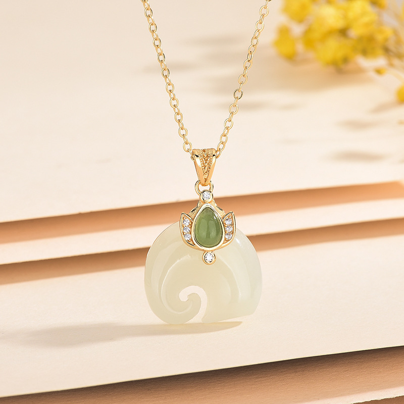 抖音爆款S925纯银镀金镶嵌天然和田白玉大象吉祥如意吊坠项链套链