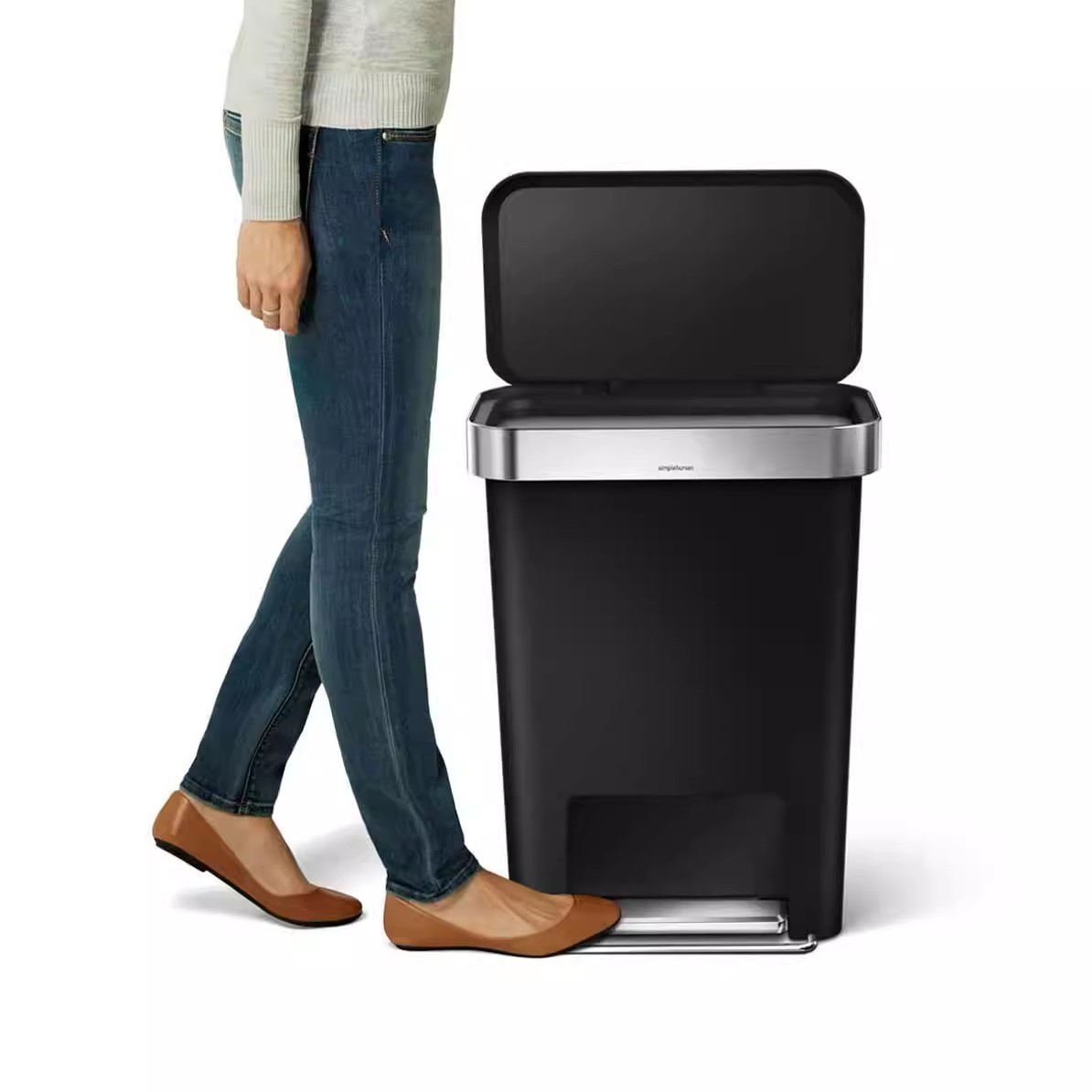 美国Simplehuman 45升塑料脚踏矩形垃圾桶家用厨房卫生间黑白银