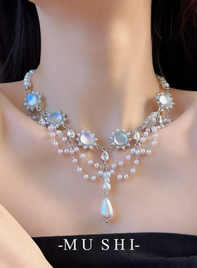 法式月光石不规则多层珍珠项链