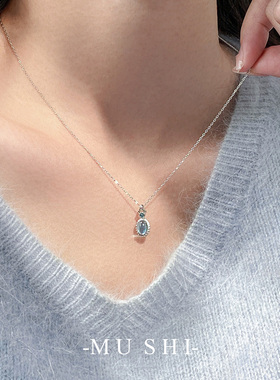 海蓝宝石项链通体s925纯银锁骨链