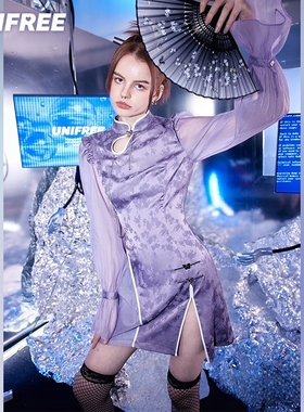 023 UNIFREE紫色新中式旗袍连衣裙 S码