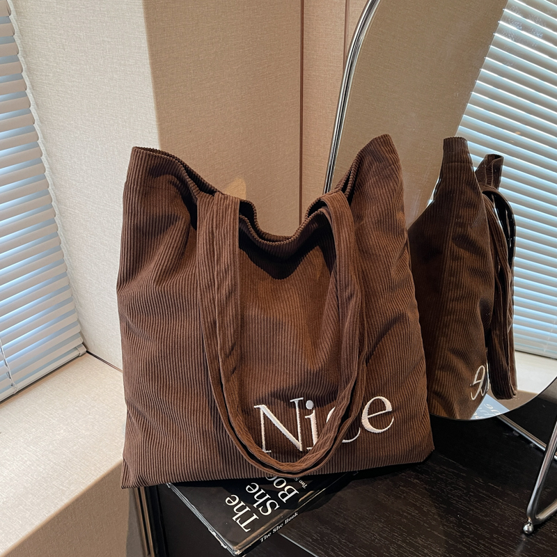 字母绣花条绒女大容量手提托特包