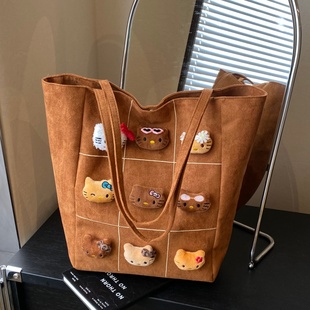 复古鹿皮绒包包女冬季大容量可爱卡通单肩包小众百搭通勤托特大包