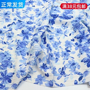 蓝白色青花瓷蓝色花枝千丝棉布料国风连衣裙子汉服装手工DIY面料