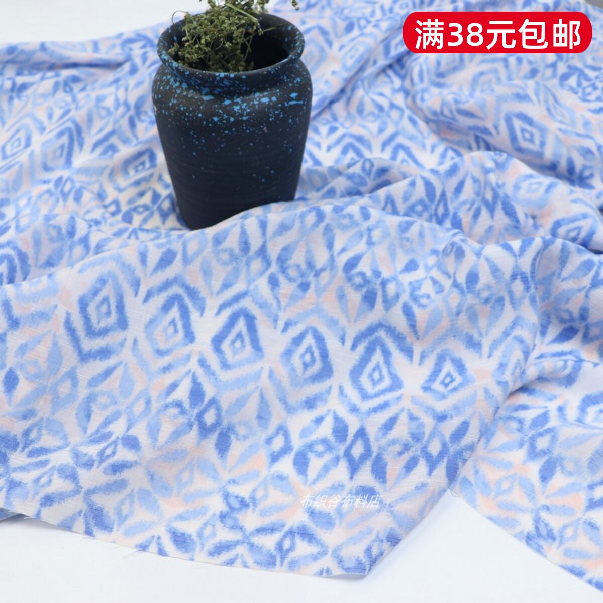 中国风蓝白几何千丝棉麻服装布料图片