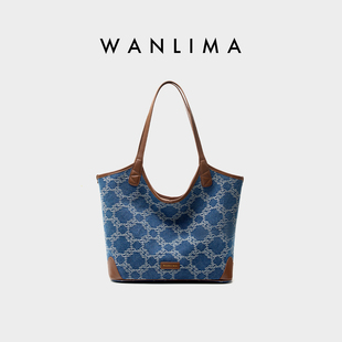 万里马新款水桶包托特包丹宁牛仔女包大容量通勤慵懒风单肩包