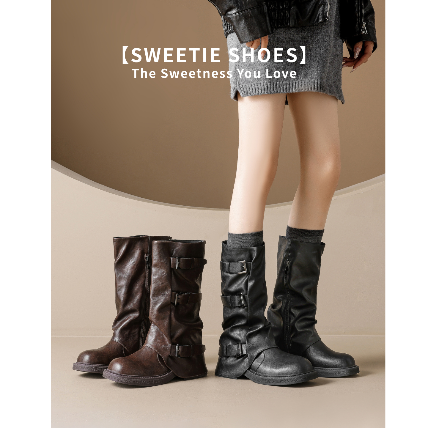 棕色美拉德西部粗跟堆堆中筒靴