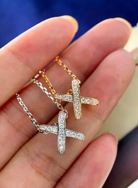 【高品质 厚金版本】V金电镀18k白金黄金玫瑰金交叉镶钻带钻项链