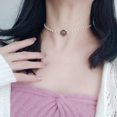 黑色玫瑰花珍珠项链女choker小众设计气质锁骨链颈链小香风项圈