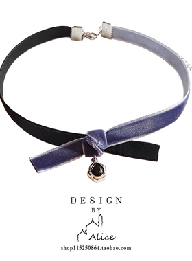 Alice蓝色拼接丝绒项圈女颈带蝴蝶结小众设计感原创chocker锁骨链