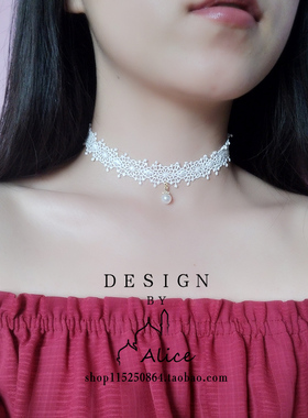 Alice黑白色蕾丝choker锁骨链超仙珍珠颈带女项圈chocker脖子饰品