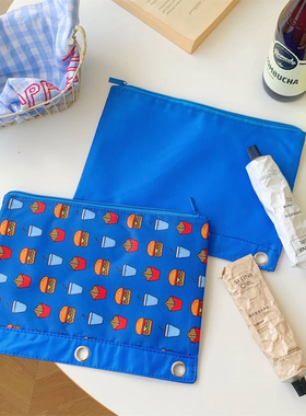 收纳好物！蓝色汉堡薯条多用途带三孔文具袋收纳包证件包票据包
