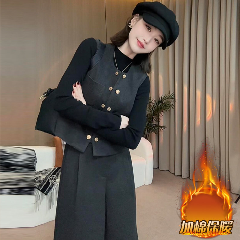 高级感加棉马甲套装2024秋冬穿搭轻奢高级感阔腿裤三件套女