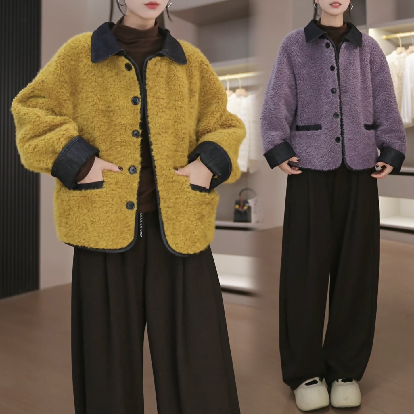 法式小香风毛毛外套2025秋冬新款小个子高级感撞色轻奢上衣