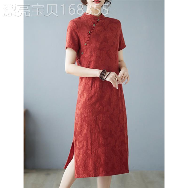 中式改良旗袍裙女夏季新款复古斜襟盘扣高端洋气中长款红色连衣裙