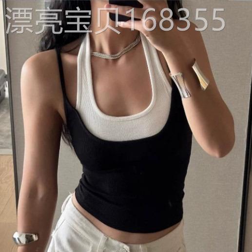 美式辣妹风假两件拼接挂颈吊带背心女夏修身显瘦设计感外穿上衣