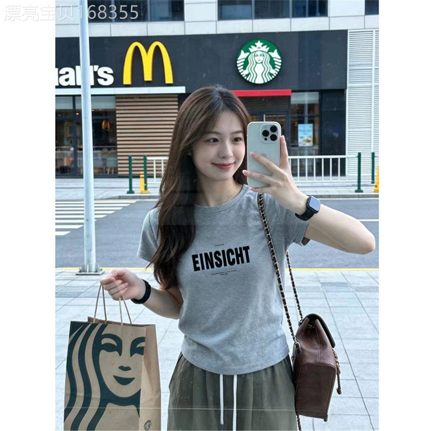 灰色韩系短袖t恤女夏季新款时尚减龄修身显瘦T恤衫独特漂亮上衣