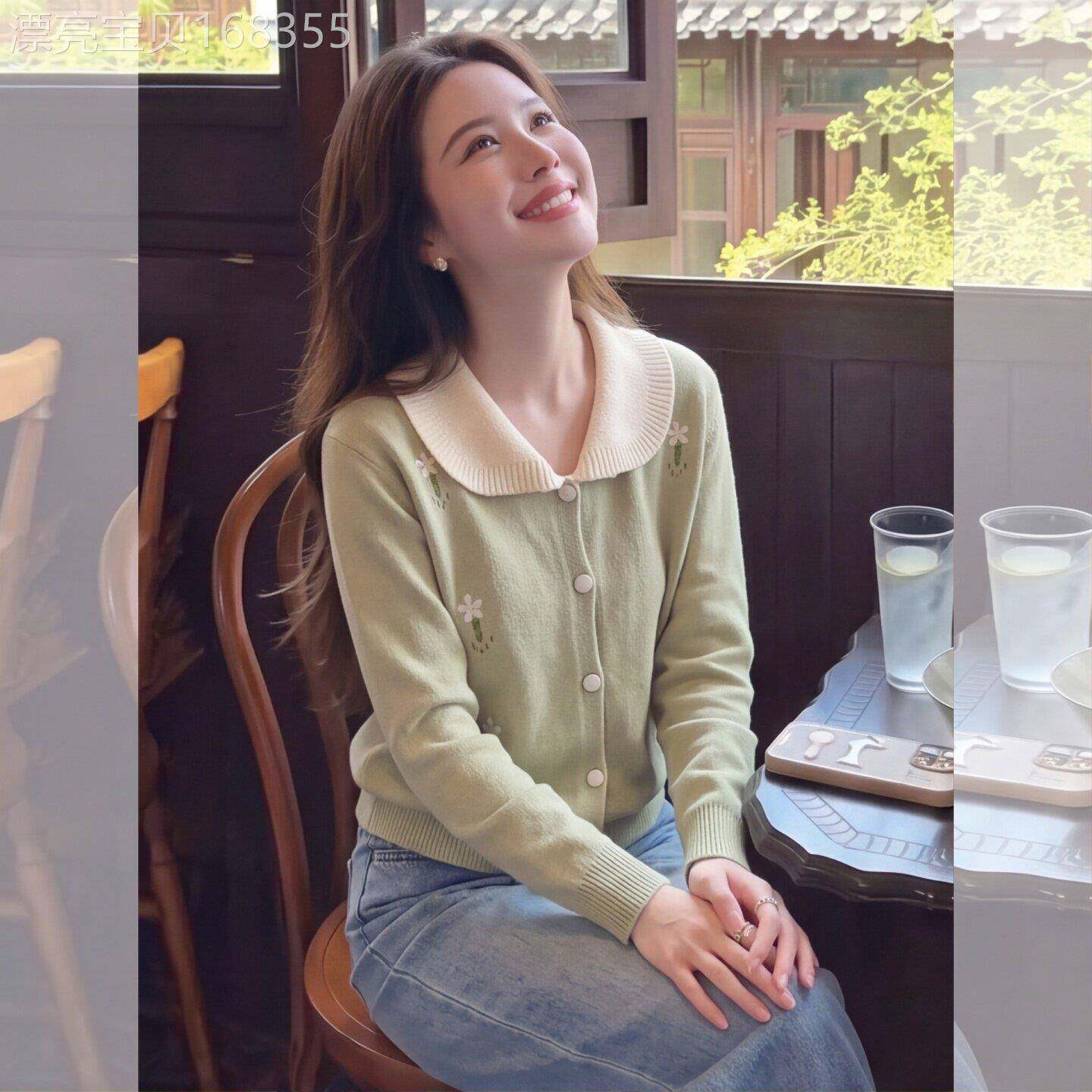 2026秋季新款韩系polo领重工钩花长袖针织开衫女法式穿搭绿色毛衣
