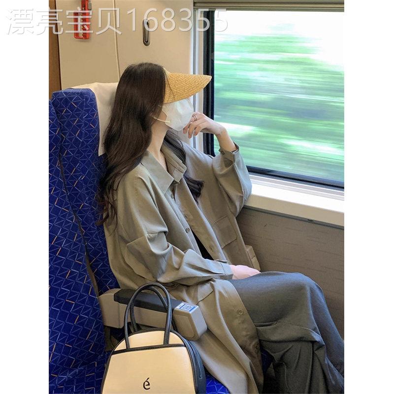 军绿色中长版长袖衬衫女装早秋新款大尺码胖mm遮肉显瘦薄款上衣外