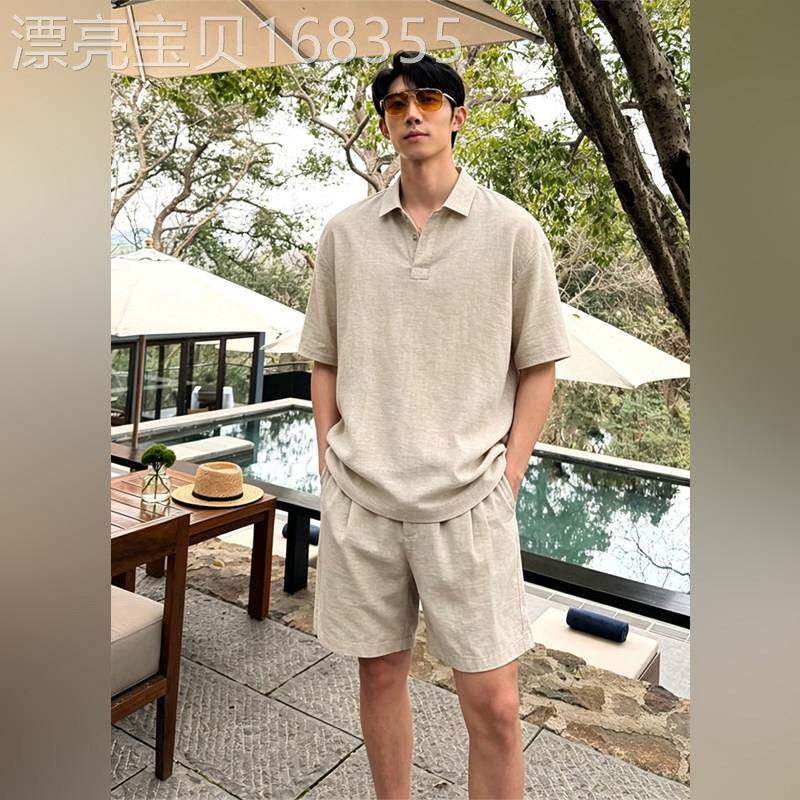 高端卡其色polo衫短袖男2026夏季薄款冰丝速干短裤老钱风沙滩套装