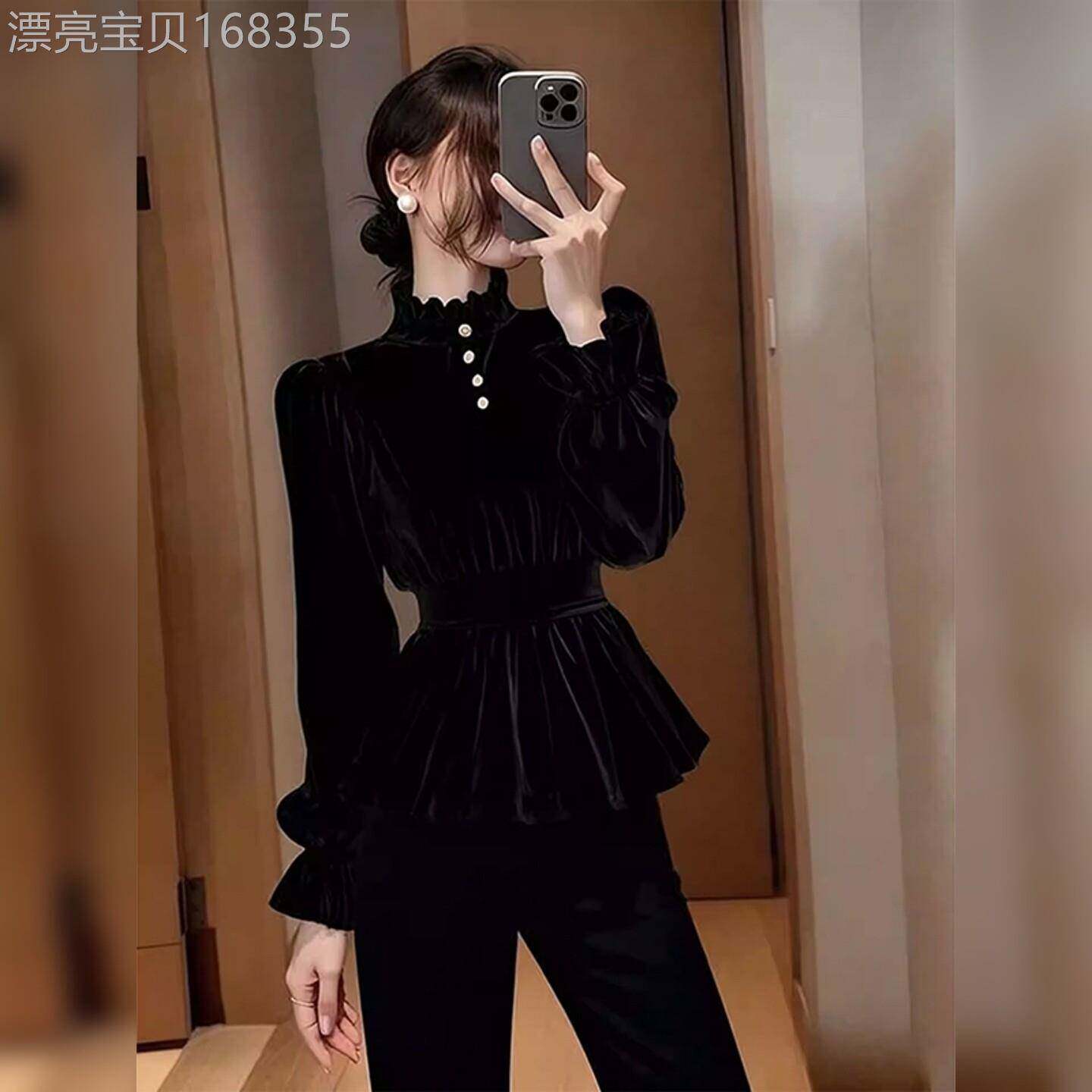 法式气质黑色丝绒立领衬衣女2025秋冬季新款收腰显瘦时尚百搭上衣