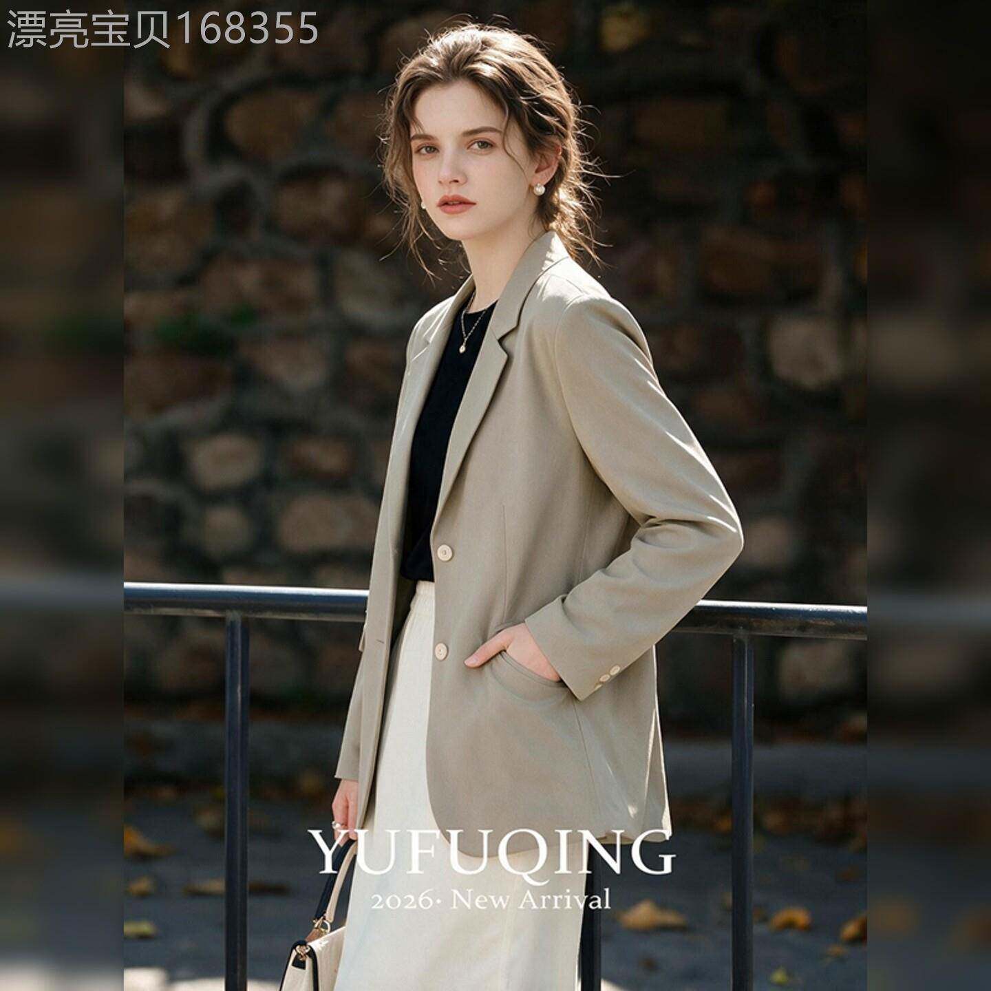 欧货浅卡其色翻领长袖西装外套女士秋季新款职场通勤百搭气质外套