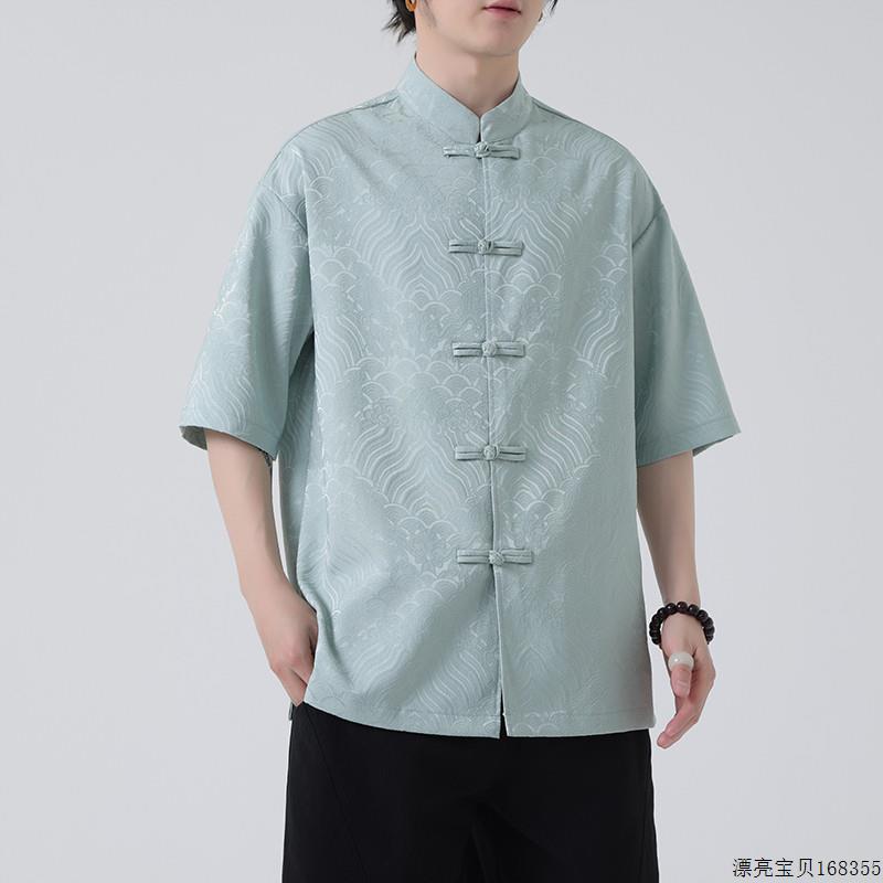 冰丝薄款中国风汉服男士夏季新款新中式提花短袖衬衫唐装大码衬衣