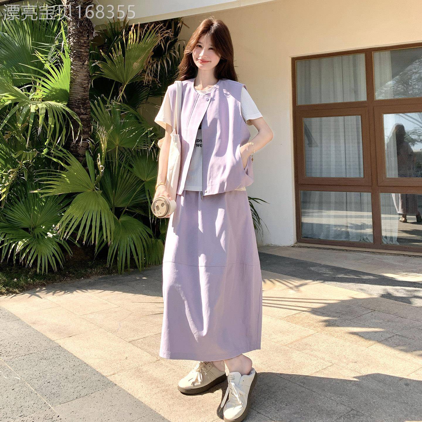 紫色韩系休闲松弛感套装裙女夏2026新款工装马甲T恤半身裙三件套