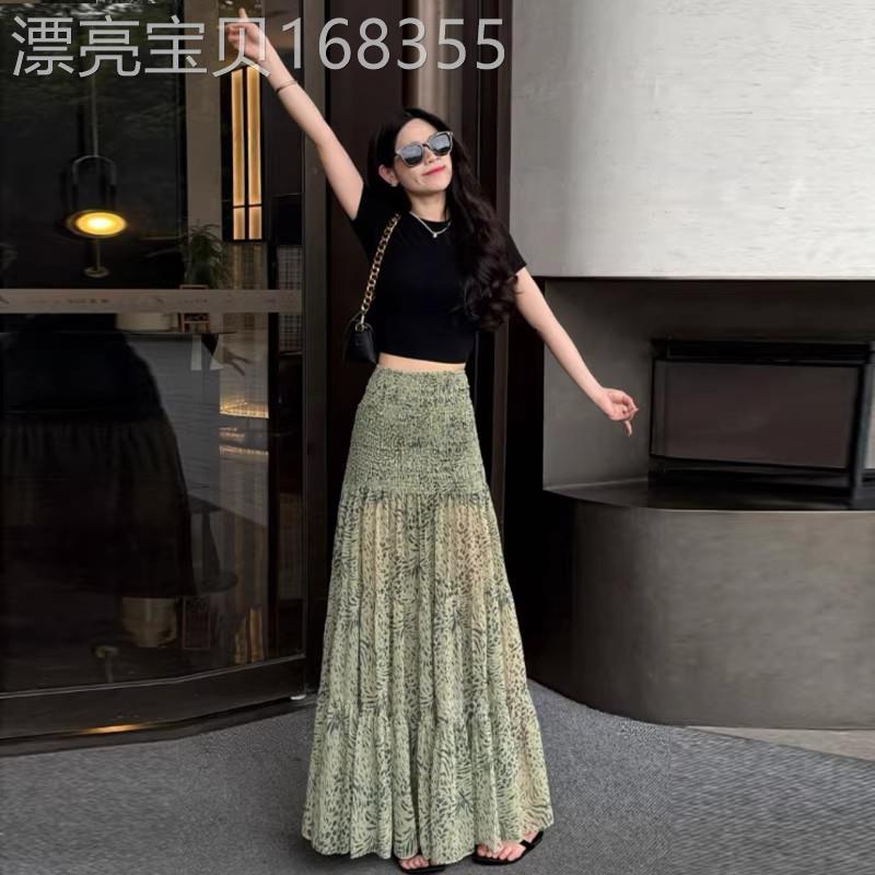 香港代购时尚套装裙女夏季新款显瘦高腰短袖T恤碎花半身裙两件套