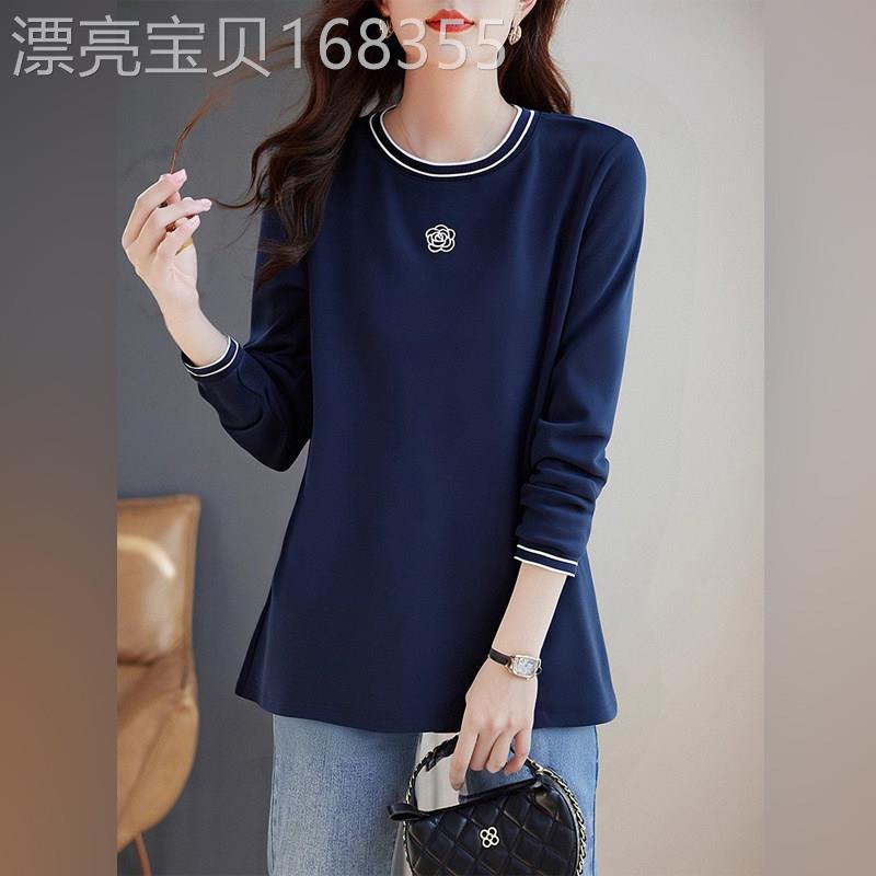 潮牌大码长袖t恤女2026春秋新款宽松刺绣上衣洋气遮肉胖mm打底衫