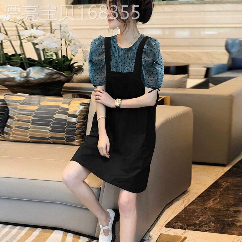 黑色假两件拼接连衣裙女夏2026新款大码胖mm洋气减龄t恤背带裙子