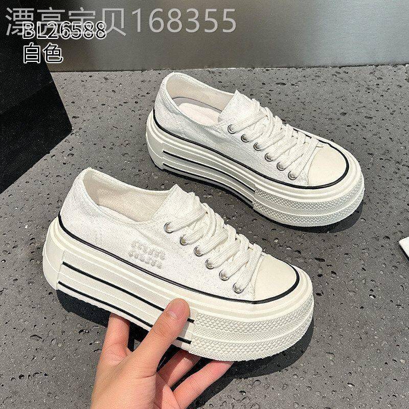 厚底白色帆布鞋女百搭休闲松糕板鞋ins潮35小码小个子增高鞋夏季