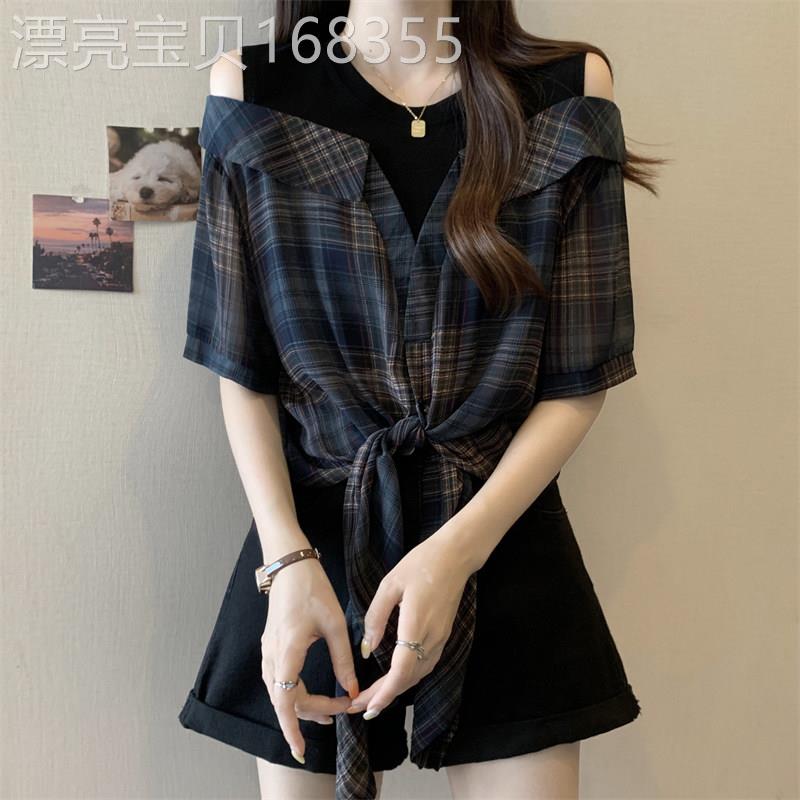 格子衬衫女士短袖夏季薄款2026新款大尺码设计感小众假两件露肩上