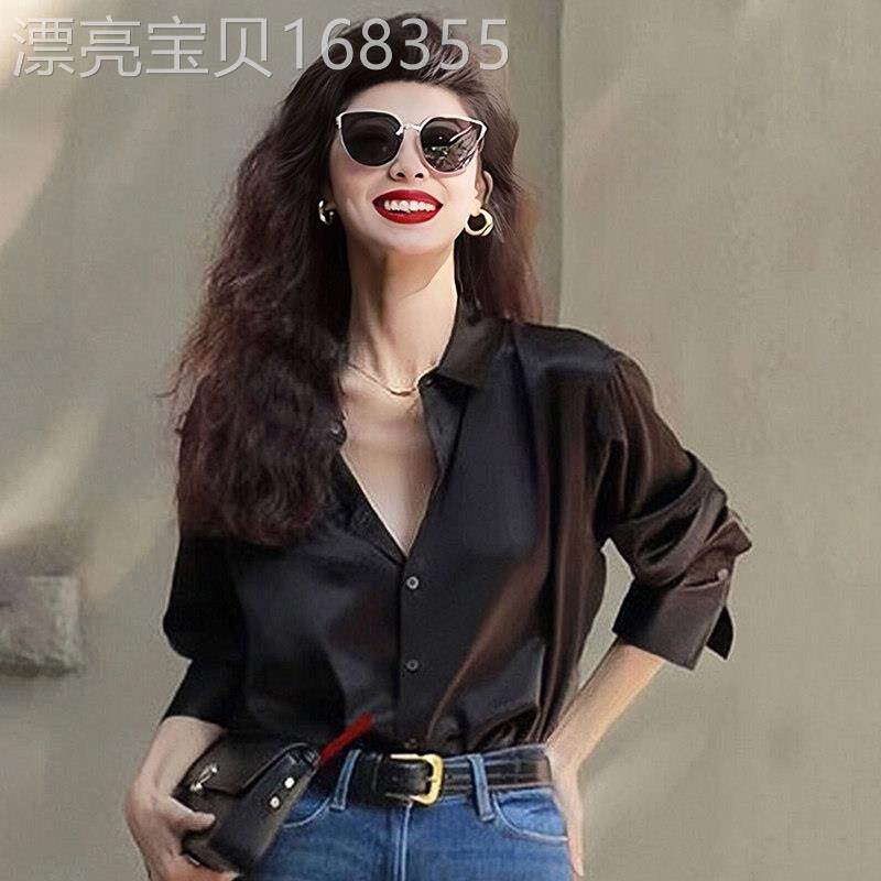 2025早秋新款黑色衬衫设计感高级时尚洋气法式缎面衬衣女士小个子