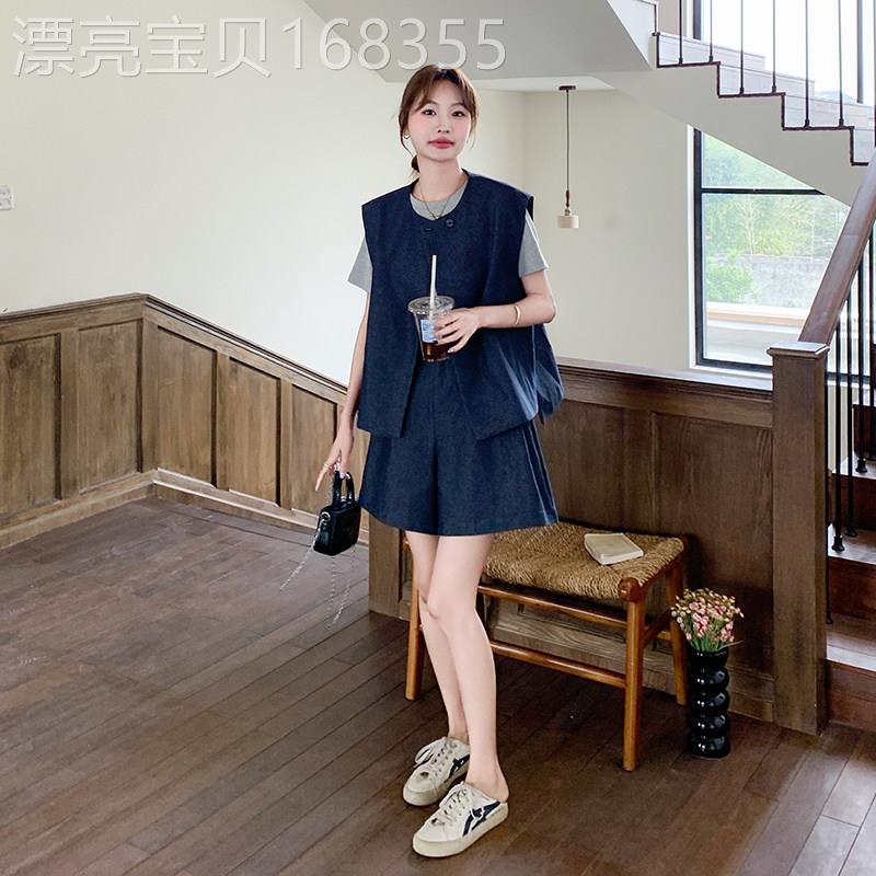 藏青色薄牛仔休闲套装女2026新款夏季气质通勤T恤马甲短裤三件套
