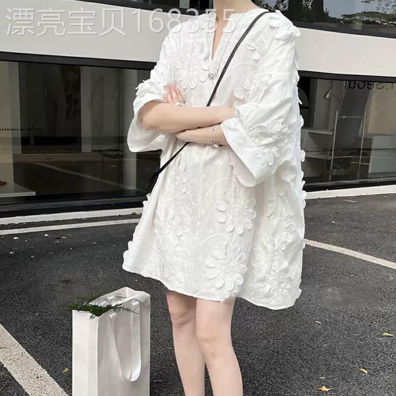 香港it代购韩国小香风雪纺宽松白色花朵棉麻衬衫洋装娃娃裙女夏