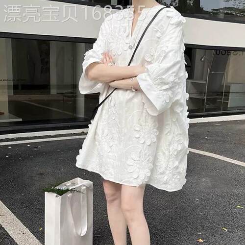 香港it代购韩国小香风雪纺宽松白色花朵棉麻衬衫洋装娃娃裙女夏